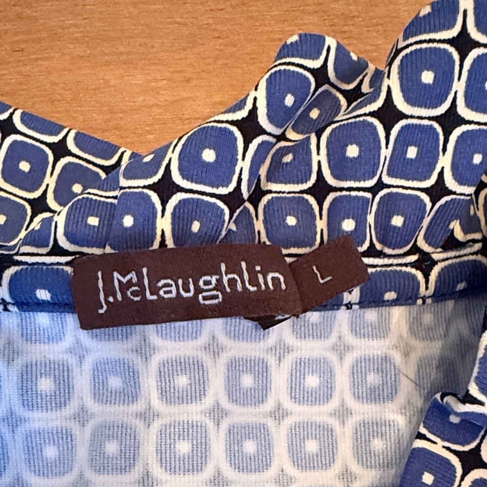 J. McLaughlin Women’s Blue Geometric Ruffle-Neck Blouse - Picture 2 of 3